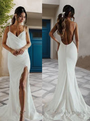 Sheath/Column Spaghetti Straps Sweep Train Jersey Wedding Dresses