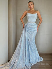 Sheath/Column Strapless Sweep Train Prom Dresses With Ruffles