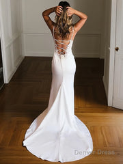 Sheath/Column V-neck Court Train Stretch Crepe Wedding Dresses With Leg Slit