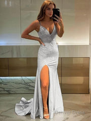 Sheath/Column V-neck Sweep Train Jersey Prom Dresses With Leg Slit