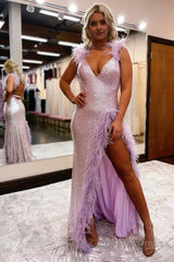 Sheath Deep V Neck Light Pink Sequins Long Prom Dress with Feathers