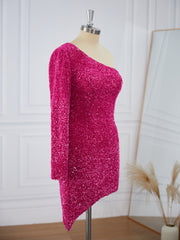 Sheath Long Sleeves Velvet Sequins One-Shoulder Short/Mini Dresses