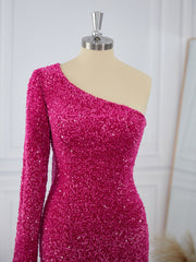 Sheath Long Sleeves Velvet Sequins One-Shoulder Short/Mini Dresses