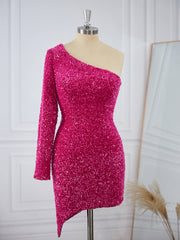 Sheath Long Sleeves Velvet Sequins One-Shoulder Short/Mini Dresses