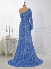 Sheath Long Sleeves Velvet Sequins One-Shoulder Sweep Train Dresses