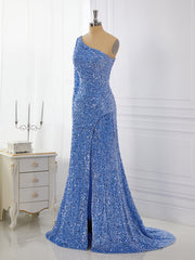 Sheath Long Sleeves Velvet Sequins One-Shoulder Sweep Train Dresses