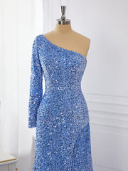 Sheath Long Sleeves Velvet Sequins One-Shoulder Sweep Train Dresses