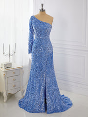 Sheath Long Sleeves Velvet Sequins One-Shoulder Sweep Train Dresses