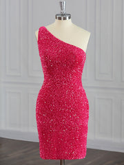 Sheath One-Shoulder Sequin Short/Mini Velvet Sequins Dresses