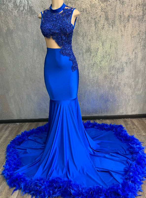 Sheath Royal Blue Mermaid Sleeveless High Neck Long Prom Dresse