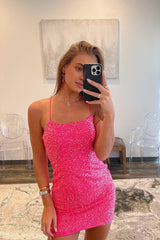 Sheath Scoop Sequins Pink Short Homecoming Dresses Tight