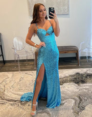 Sheath Spaghetti Strap Sequin Prom Dress with Slit