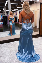 sheath spaghetti straps blue long prom dress with silt