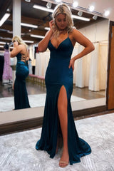 sheath spaghetti straps blue long prom dress with silt