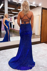 Sheath Spaghetti Straps Blue Sequins Long Prom Dress with Silt