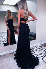 Sheath Strapless Black Sequins Long Prom Dresses with Split Front