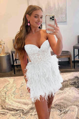 Sheath Sweetheart Lace Feather Skirt Homecoming Dress