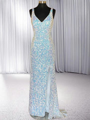 Sheath V-neck Sequin Sweep Train Velvet Sequins Dresses