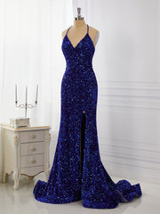 Sheath Velvet Sequins V-neck Sweep Train Dresses