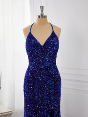 Sheath Velvet Sequins V-neck Sweep Train Dresses