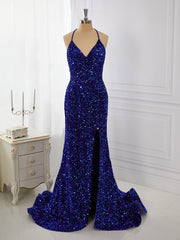 Sheath Velvet Sequins V-neck Sweep Train Dresses