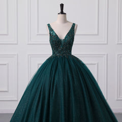 Shiny Emerald Green Sequined Tulle Quinceanera kjoler rygfri V Neck Ball Gowns Evening Prom kjoler med korset ryg