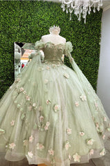 Shiny Light Sage Green Princess Dresses with Flowers拢卢Light Sage Green Ball Gown,Sweet 16 Dresses