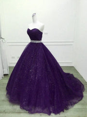 Shiny Purple Tulle Beaded Ball Gonw Party Dresses, Purple Prom Dresses