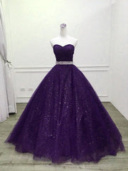 Shiny Purple Tulle Beaded Ball Gonw Party Dresses, Purple Prom Dresses