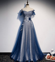 Shiny tulle sequins long prom Dresses blue evening Dresses