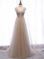 Shop Beautiful Champagne V Neck Tulle Beading Floor Length Backless Prom Dresses Under 130