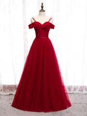 Shop Beautiful Off The Shoulder Tulle Burgundy Beading Prom Dresses Under 130