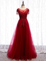 Shop Cap Sleeves Beading Appliques Tulle Scoop Floor Length Burgundy Prom Dresses Under 148