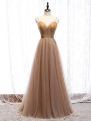 Shop Champagne Tulle Beading Spaghetti Straps Floor Length Prom Dresses