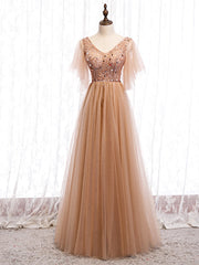 Shop Cheap Short Sleeves Beading V Neck Champagne Floor Length Prom Dresses