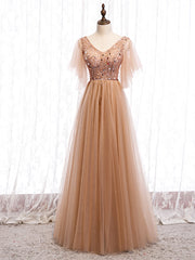 Shop Cheap Short Sleeves Beading V Neck Champagne Floor Length Prom Dress