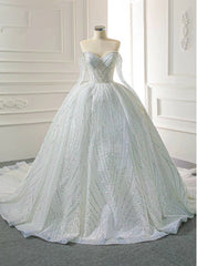 Shop Designer White Ball Gown Heavy Work Long Sleeve Tulle Sequins Wedding Dress