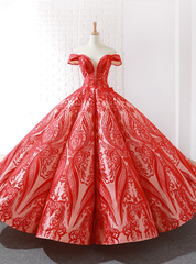 Shop Long Champagne And Red Sequins Ball Gown Off The Shoulder Prom Dresses