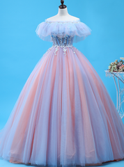 Shop Long Pink And Blue Ball Gown Tulle Off the Shoulder Quinceanera Dresses