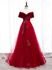 Shop Off The Shoulder Burgundy Tulle Velvet Appliques Long Prom Dresses Under 129