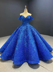 Shop Sexy Royal Blue Ball Gown Sequins Appliques Off the Shoulder Prom Dress