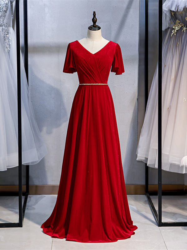 Shop Sexy V Neck Short Sleeves Beading Velvet Log Red Prom Dress Under 128