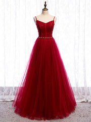 Shop Spaghetti Straps Tulle Beading Floor Length Burgundy Prom Dress Under 130