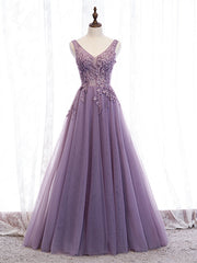 Shop V Neck Purple Beading Appliques Tulle A Line Prom Dress Under 129