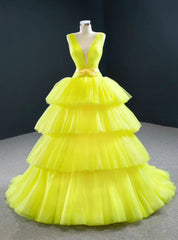 Shop Yellow Ball Gown Tulle Deep V-neck Pleats Prom Dress With Bow