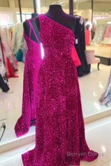 Purple Sequin One-Shoulder Backless A-Line Long Prom Dress