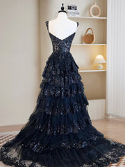 A-line sweet-coure cou tulle bleu foncé robe de bal longue, robe de graduation longue bleu foncé avec perles