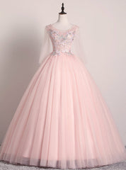 Shops Around The World Light Pink Ball Gown Tulle Long Sleeve Appliques Pearls Quinceanera Dresses