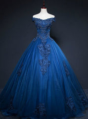 Shops Around The World Navy Blue Tulle Appliques Off the Shoulder Beading Quinceanera Dresses