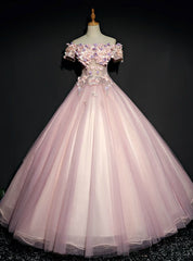 Shops Around The World Pink Ball Gown Tulle Appliques Off the Shoulder Short Sleeve Quinceanera Dress